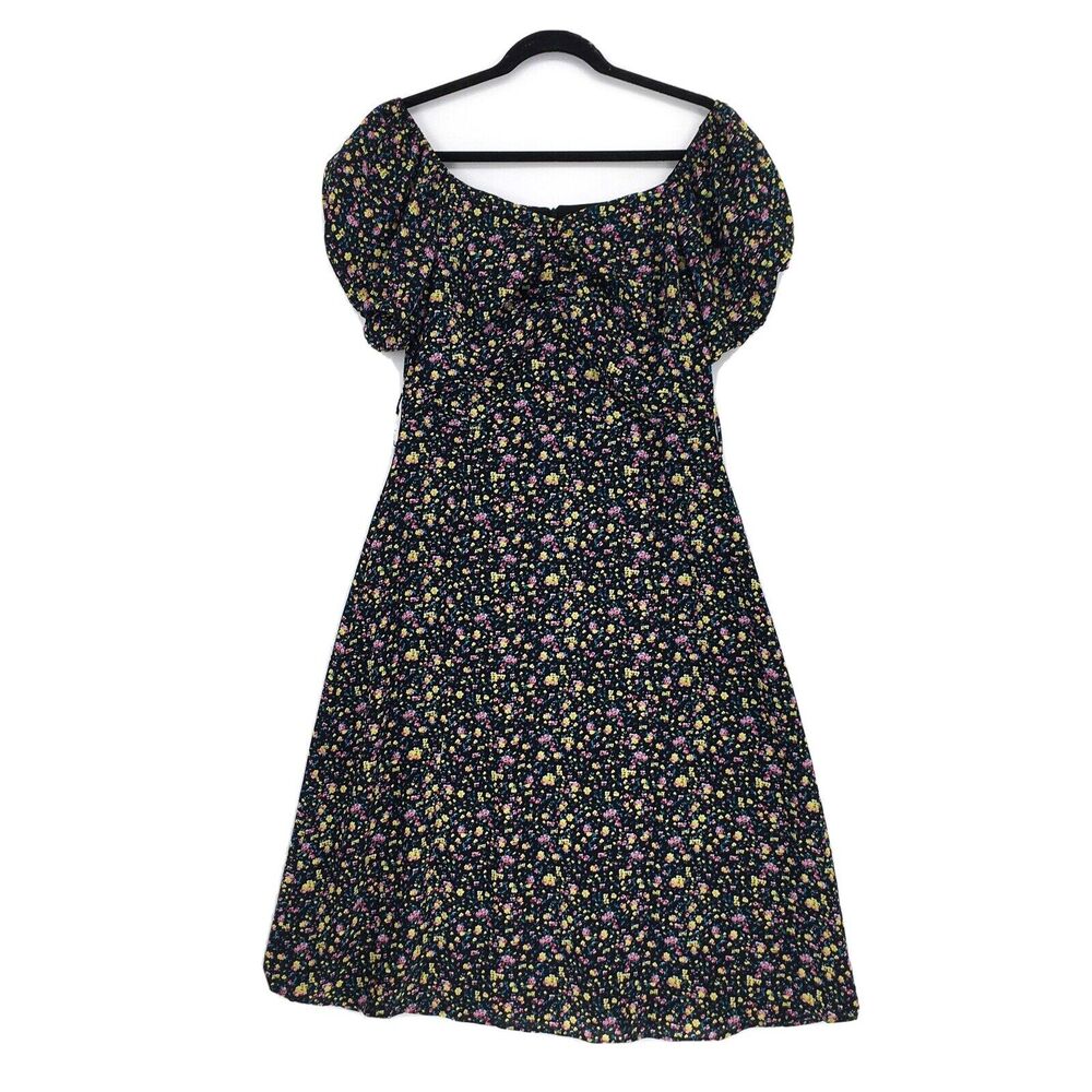 KOURT Women L Dress Black Off Shoulder Puff Sleeve Midi Floral NEW FLAW NO BELT